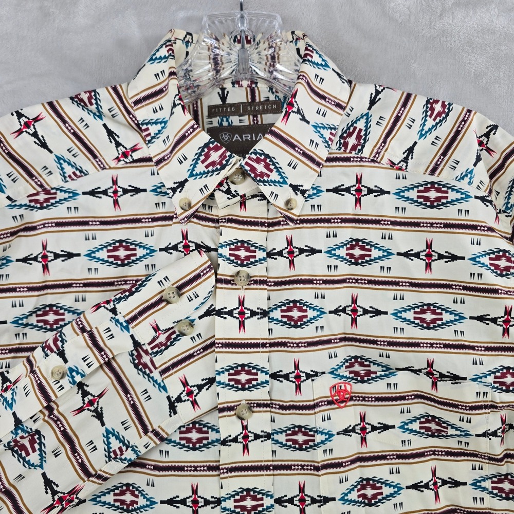 Ariat Button Down Shirt Mens Small Cream Aztec Southwestern Fitted Stretch Long